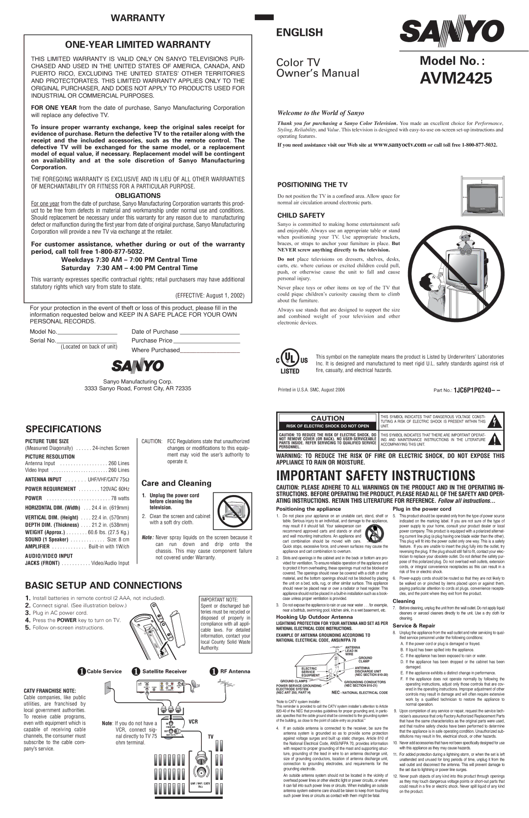 Sanyo AVM2425 warranty Warranty ONE-YEAR Limited Warranty, Specifications, Basic Setup and Connections, Care and Cleaning 