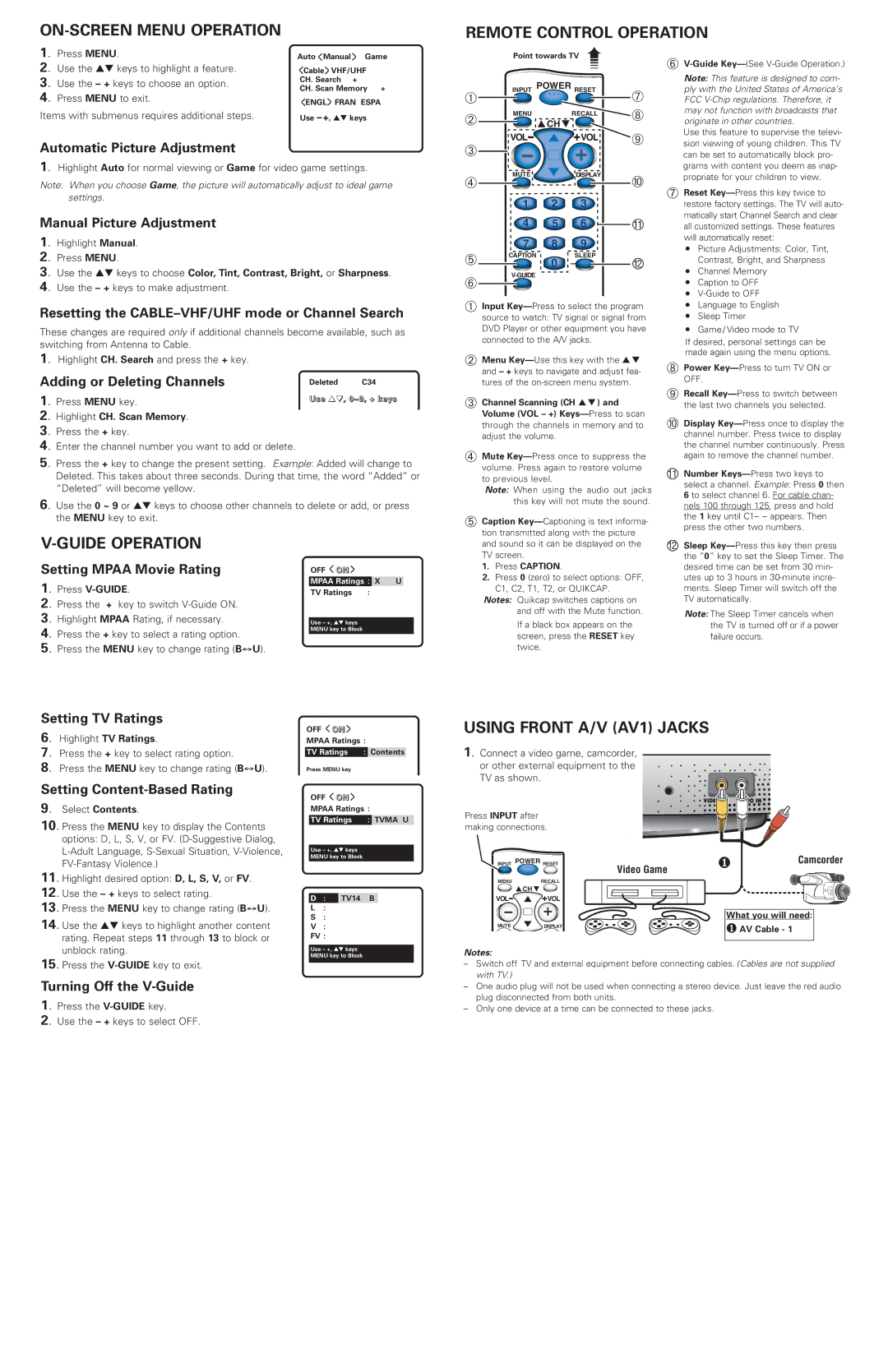 Sanyo AVM2425 warranty ON-SCREEN Menu Operation Remote Control Operation, Guide Operation, Using Front A/V AV1 Jacks 