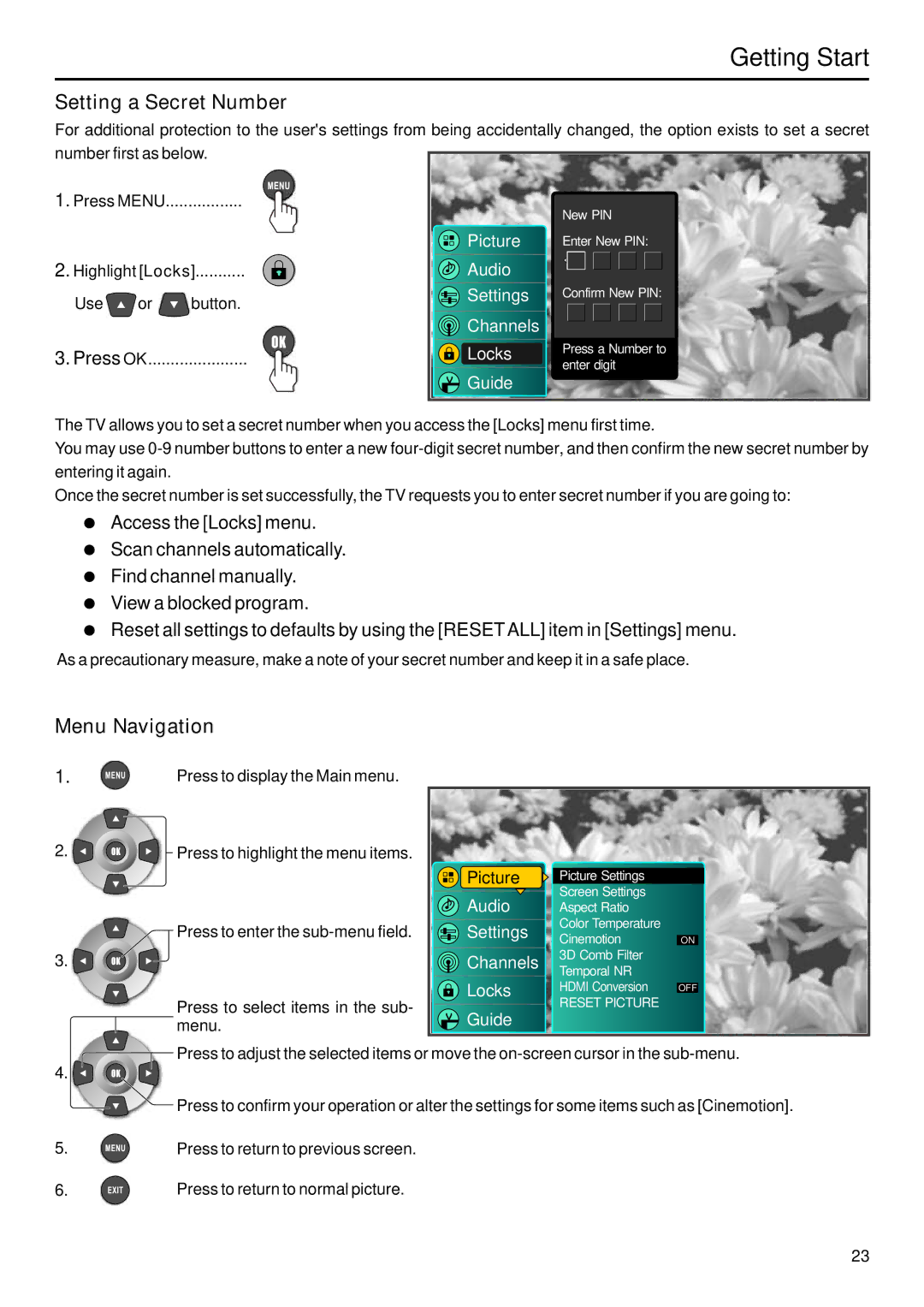 Sanyo AVP-429 instruction manual Getting Start, Setting a Secret Number, Menu Navigation 