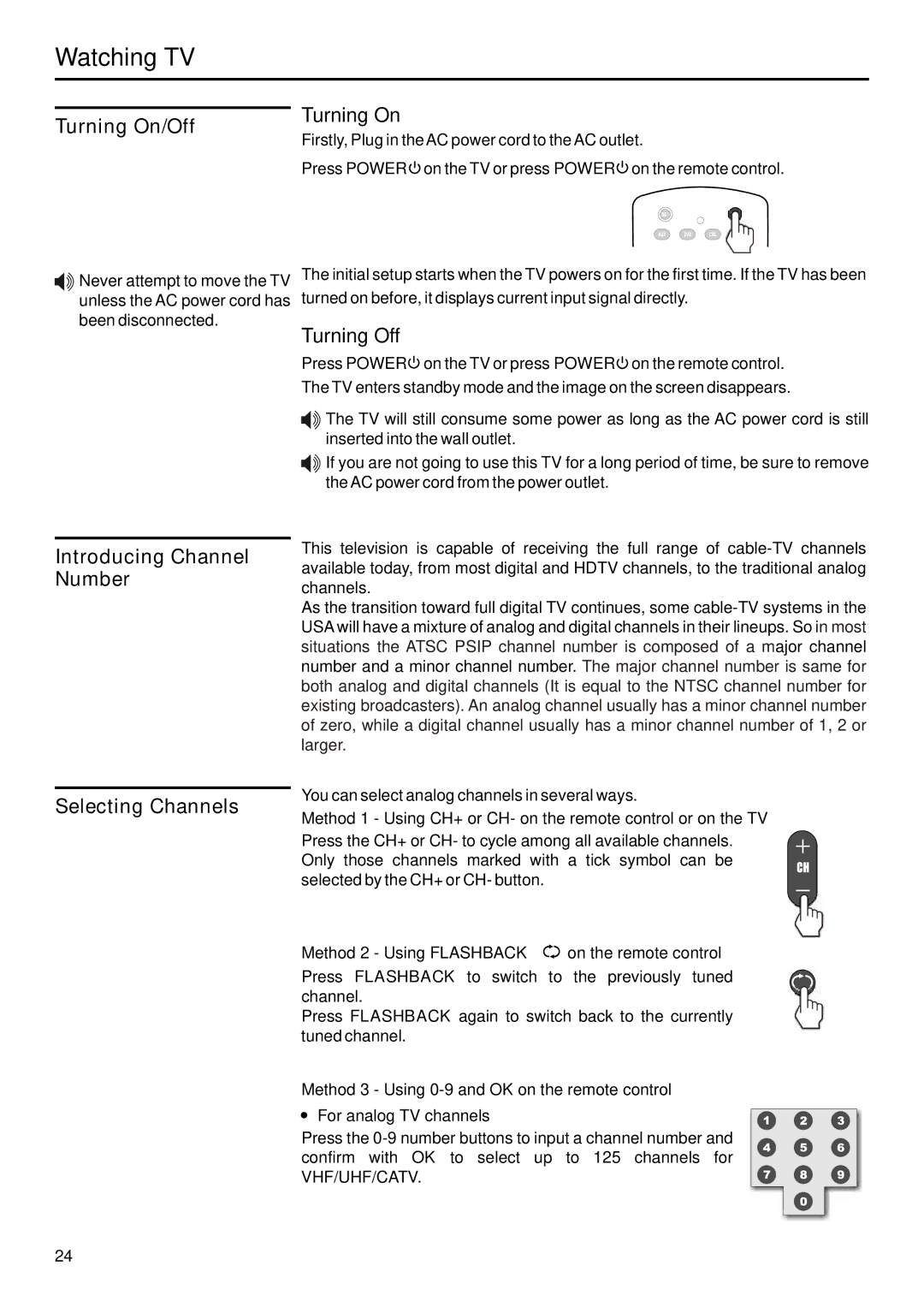 Sanyo AVP-429 instruction manual Watching TV, Turning On/Off, Introducing Channel Number Selecting Channels, Turning Off 