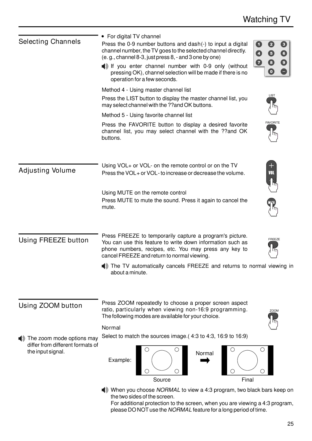 Sanyo AVP-429 Adjusting Volume Using Freeze button, Using Zoom button, For digital TV channel, Input signal 