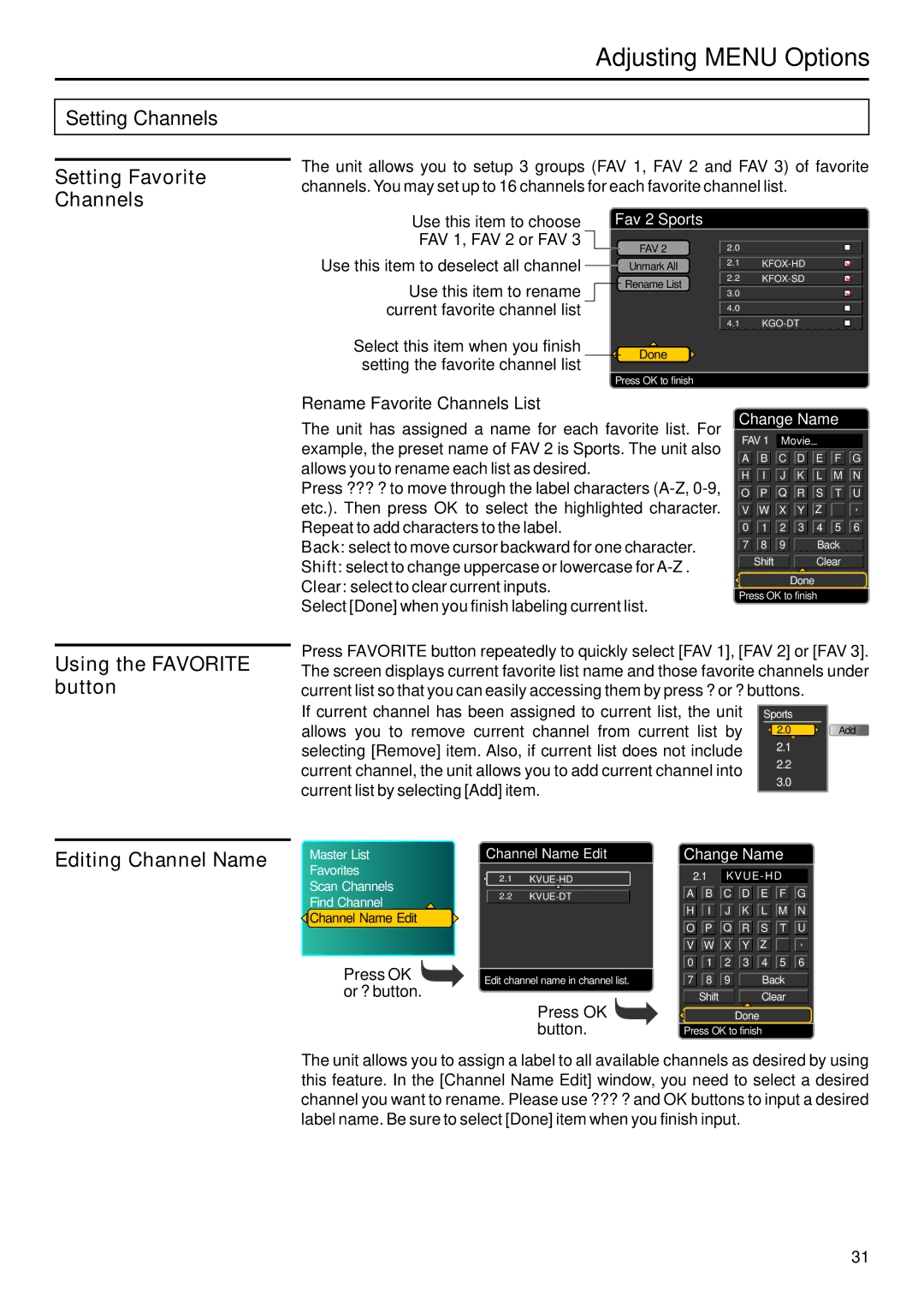 Sanyo AVP-429 Setting Favorite Channels, Using the Favorite button, Current list by selecting Add item, Press OK button 