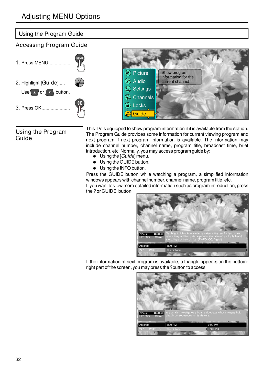 Sanyo AVP-429 Using the Program Guide, Accessing Program Guide, Press Menu Highlight Guide Use or button Press OK 