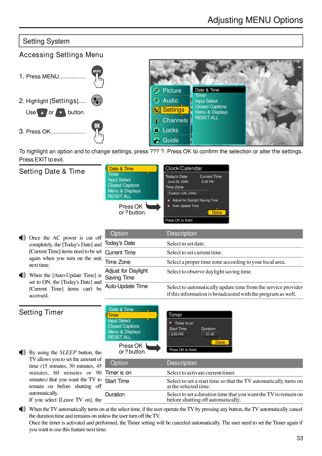 Sanyo AVP-429 instruction manual Setting System, Accessing Settings Menu, Setting Date & Time, Setting Timer 