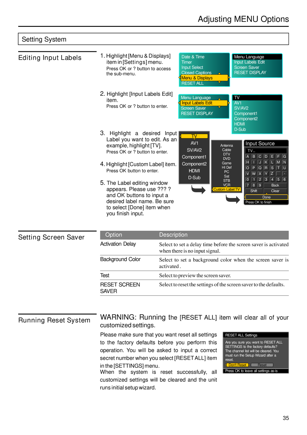 Sanyo AVP-429 instruction manual Setting Screen Saver, Running Reset System 