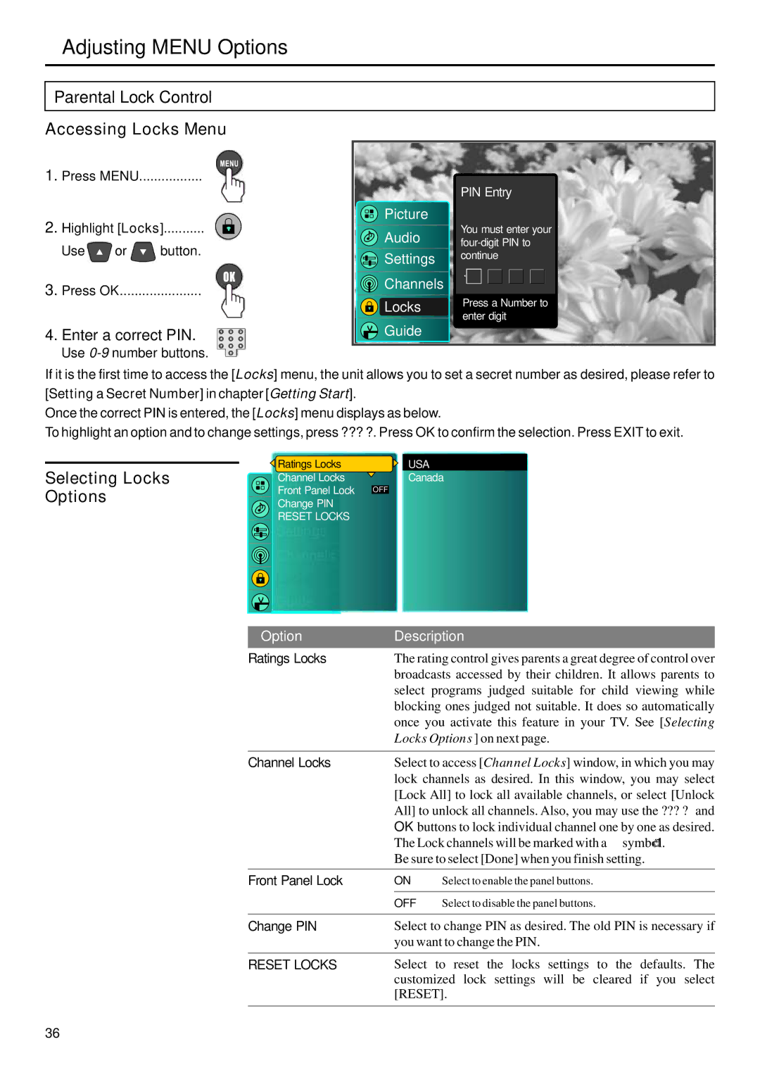 Sanyo AVP-429 instruction manual Parental Lock Control, Accessing Locks Menu, Settings Channels, Guide Option 