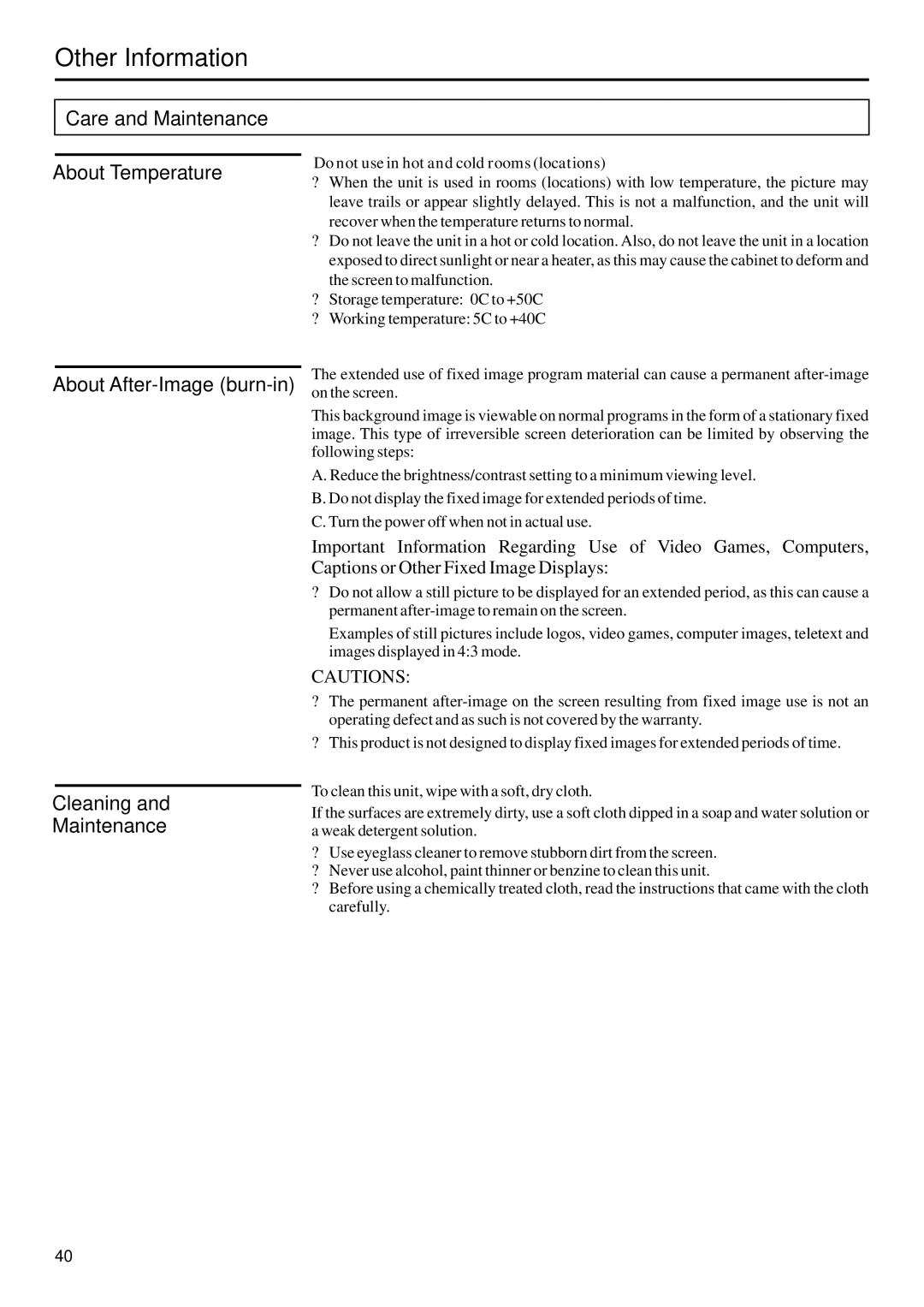 Sanyo AVP-429 Care and Maintenance About Temperature, About After-Image burn-in on the screen, Cleaning and Maintenance 