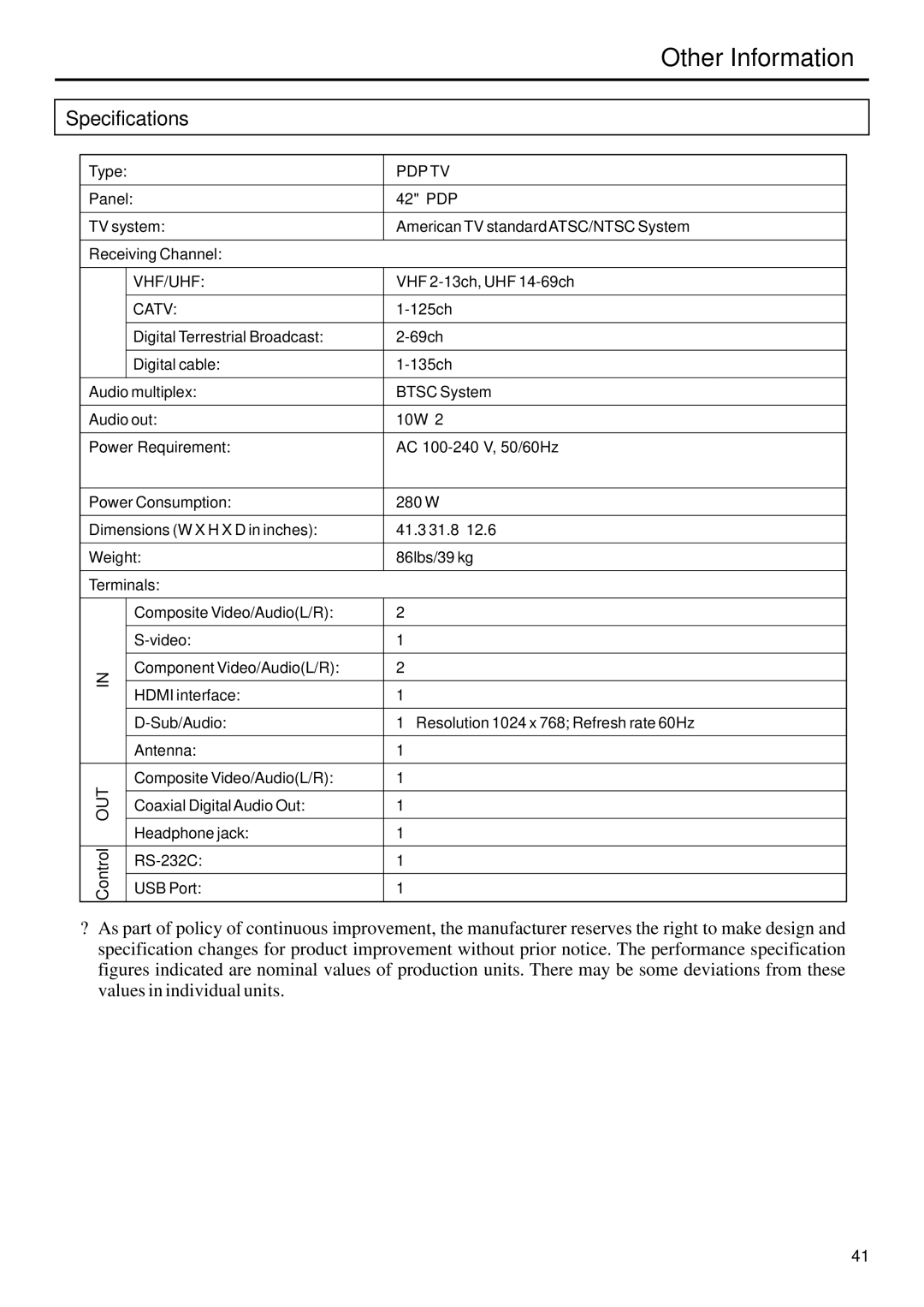 Sanyo AVP-429 instruction manual Specifications, Pdp Tv, Vhf/Uhf, Catv 