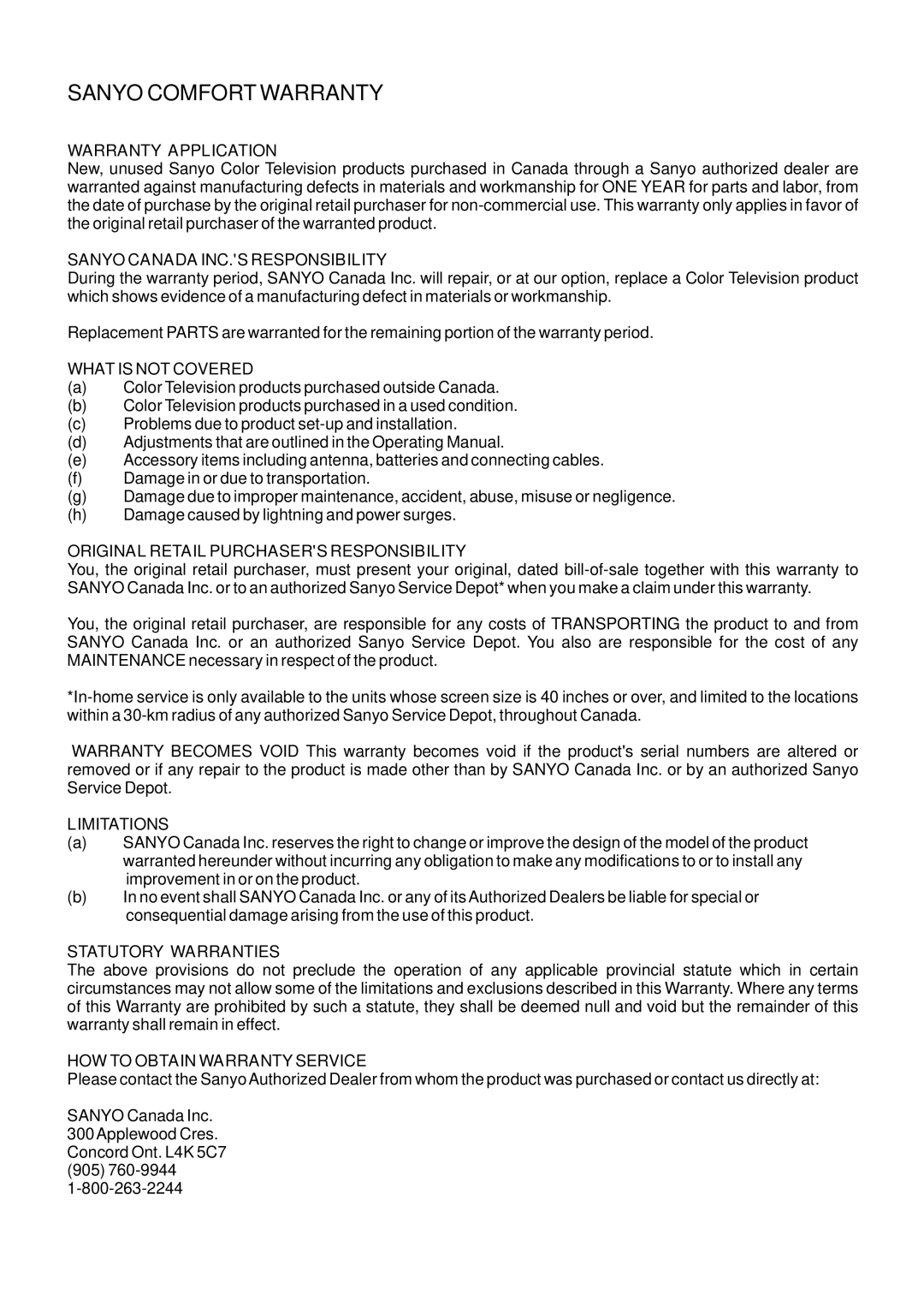 Sanyo AVP-429 instruction manual Sanyo Comfort Warranty 