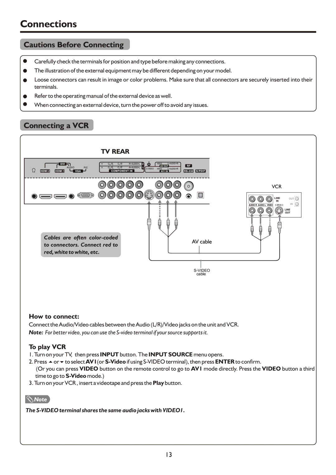 Sanyo AVP4232, AVP504, AVL472 instruction manual Connections, Connecting a VCR, How to connect, To play VCR 