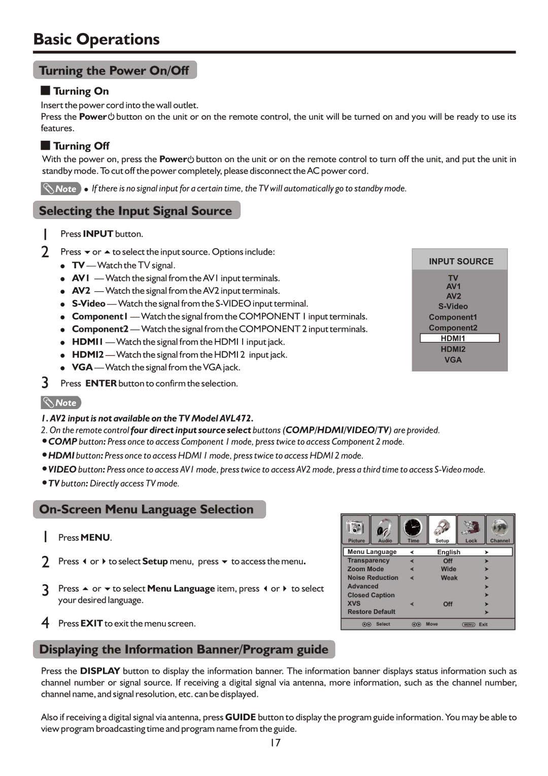 Sanyo AVP504, AVP4232, AVL472 Basic Operations, Turning the Power On/Off, Selecting the Input Signal Source 