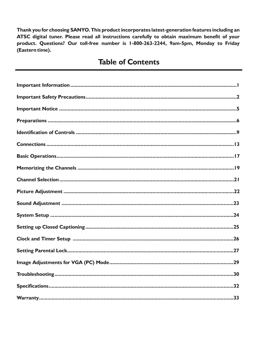 Sanyo AVL472, AVP4232, AVP504 instruction manual Table of Contents 