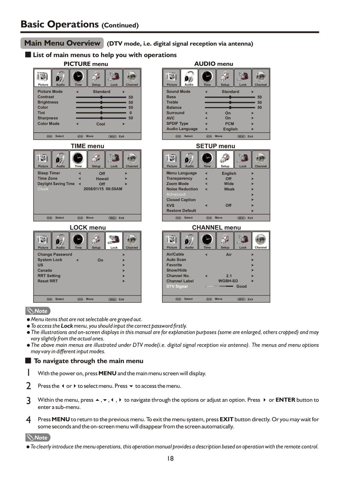 Sanyo AVL472, AVP4232, AVP504 List of main menus to help you with operations, To navigate through the main menu 