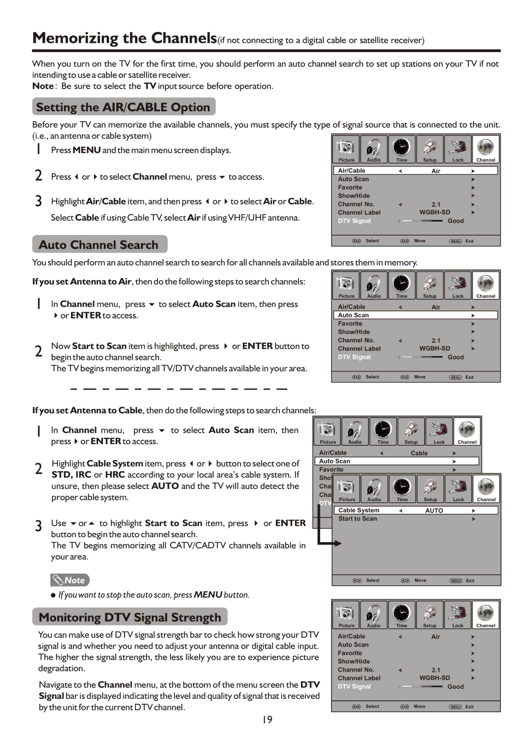 Sanyo AVP4232, AVP504, AVL472 Setting the AIR/CABLE Option, Auto Channel Search, Monitoring DTV Signal Strength 