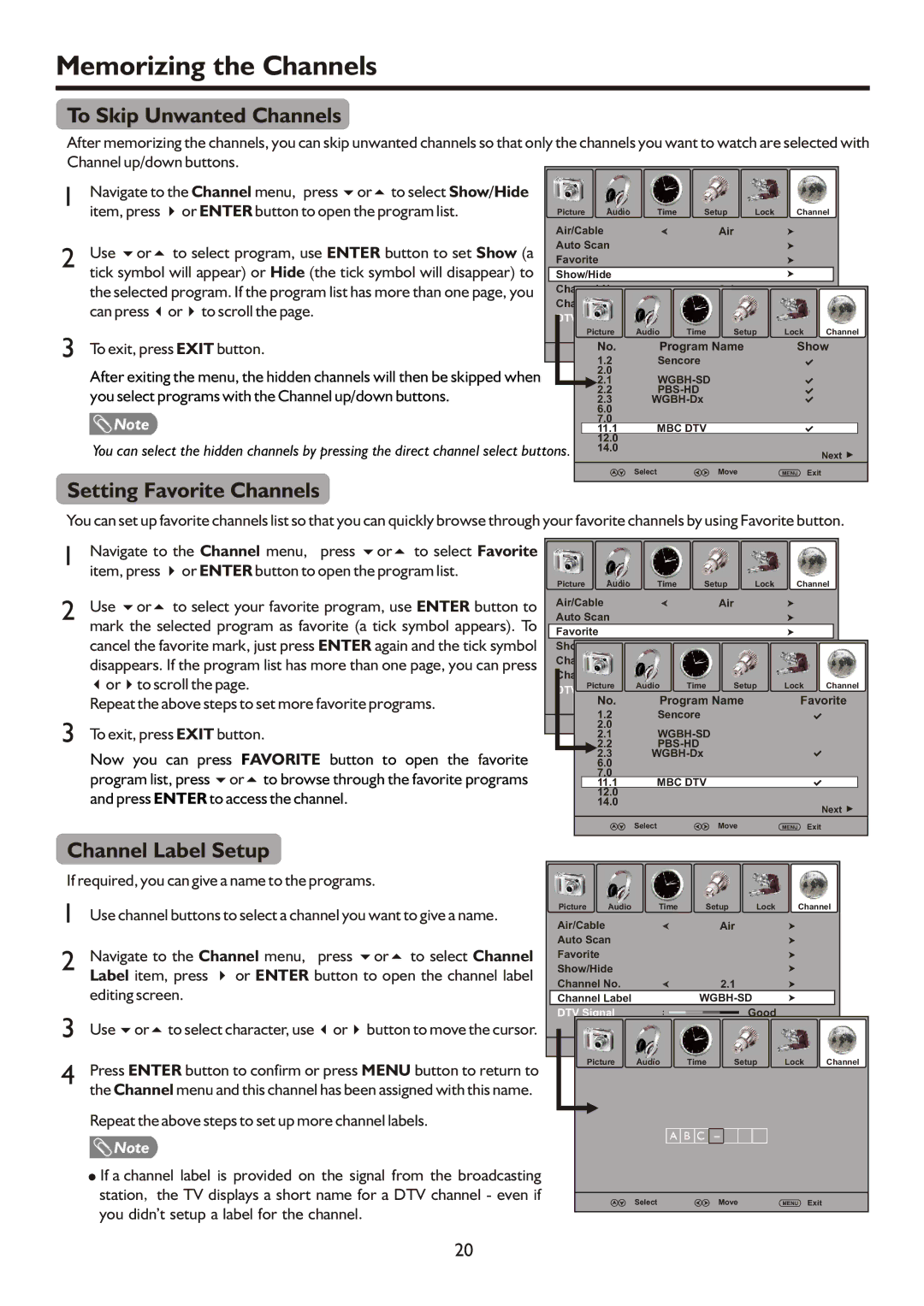 Sanyo AVP504, AVP4232 Memorizing the Channels, To Skip Unwanted Channels, Setting Favorite Channels, Channel Label Setup 