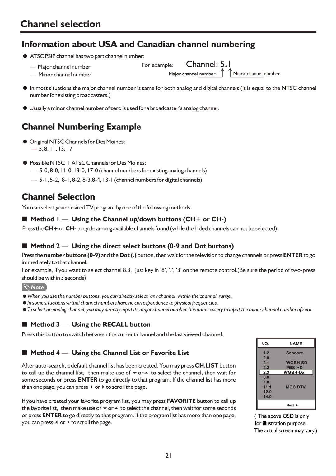 Sanyo AVL472 Channel selection, + Method 1 Using the Channel up/down buttons CH+ or CH, + Method 3 Using the Recall button 