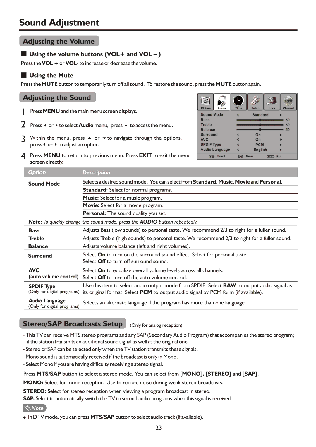 Sanyo AVP504, AVP4232, AVL472 instruction manual Sound Adjustment, Adjusting the Volume, Adjusting the Sound 