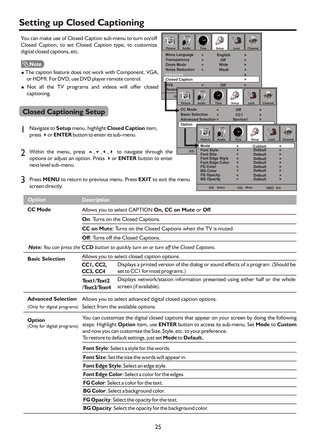 Sanyo AVP4232, AVP504, AVL472 instruction manual Setting up Closed Captioning, Closed Captioning Setup 