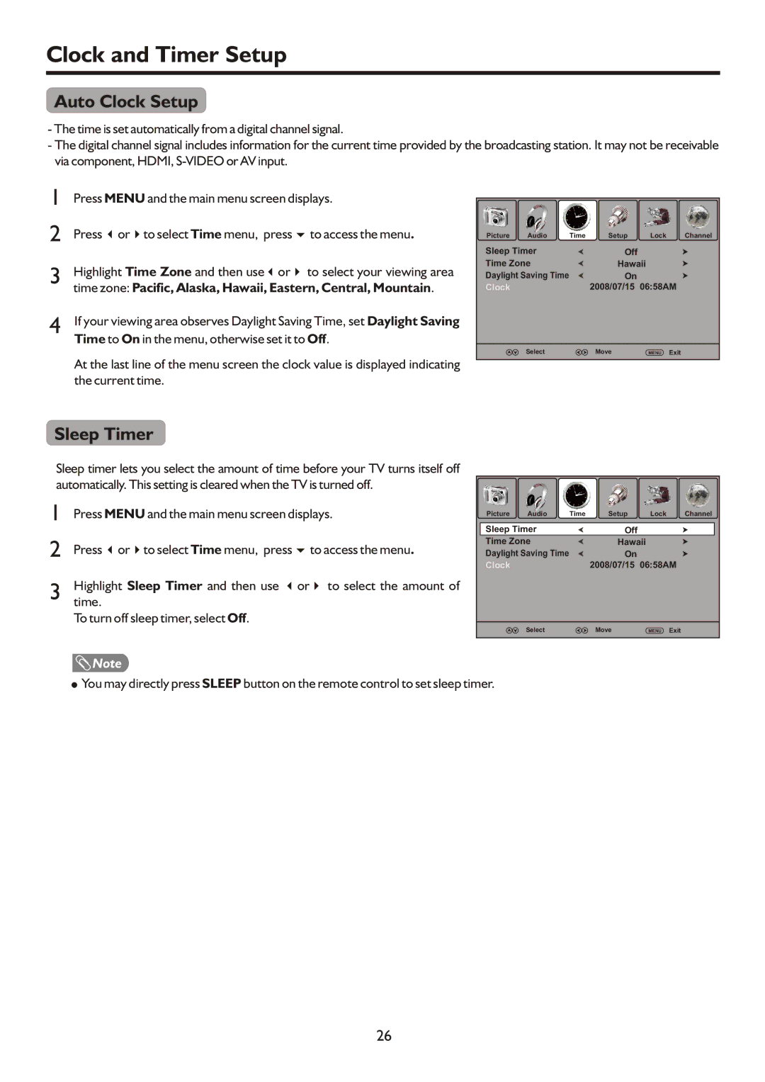 Sanyo AVP504, AVP4232, AVL472 Clock and Timer Setup, Auto Clock Setup, Sleep Timer, To turn off sleep timer, select Off 