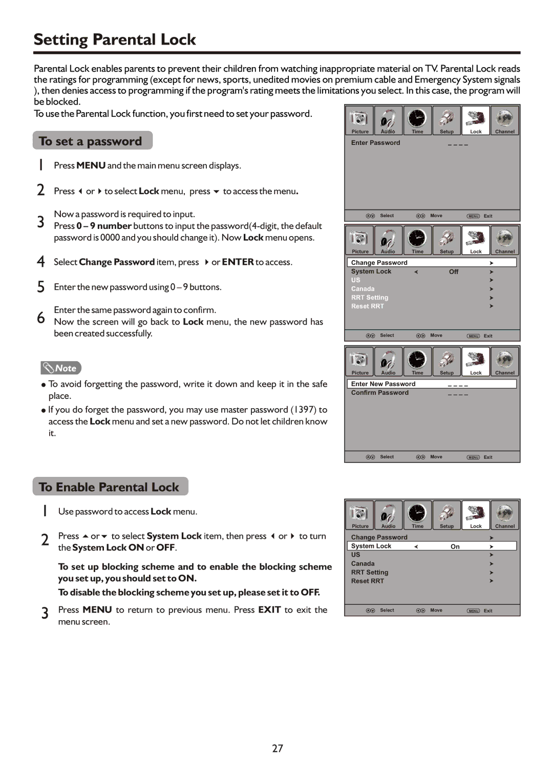 Sanyo AVL472, AVP4232, AVP504 instruction manual Setting Parental Lock, To set a password, To Enable Parental Lock 