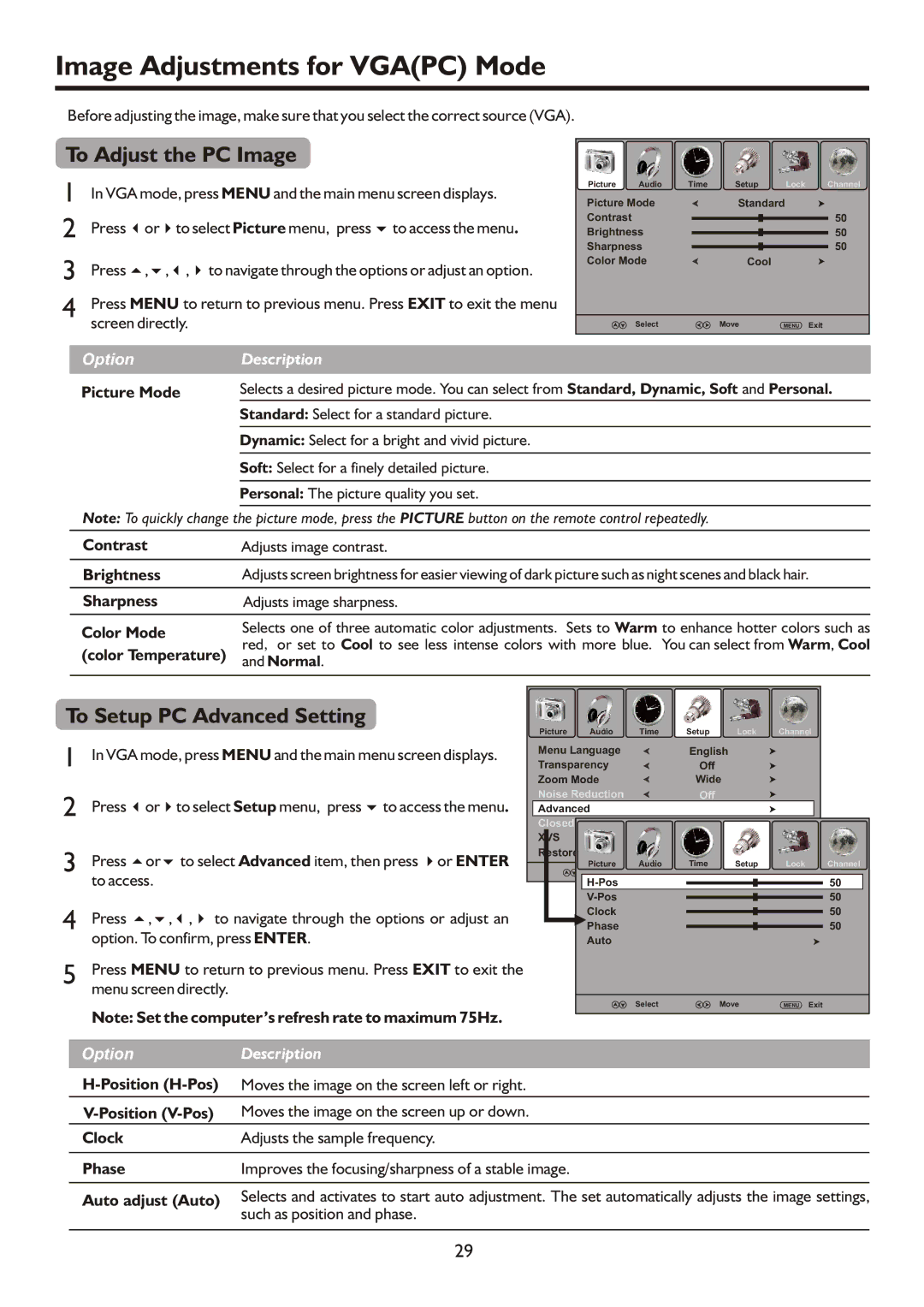 Sanyo AVP504, AVP4232, AVL472 Image Adjustments for Vgapc Mode, To Adjust the PC Image, To Setup PC Advanced Setting 