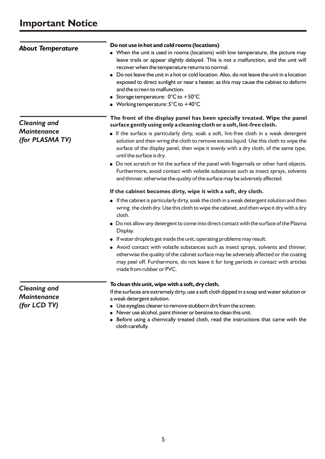 Sanyo AVP504, AVP4232, AVL472 Important Notice, If the cabinet becomes dirty, wipe it with a soft, dry cloth 