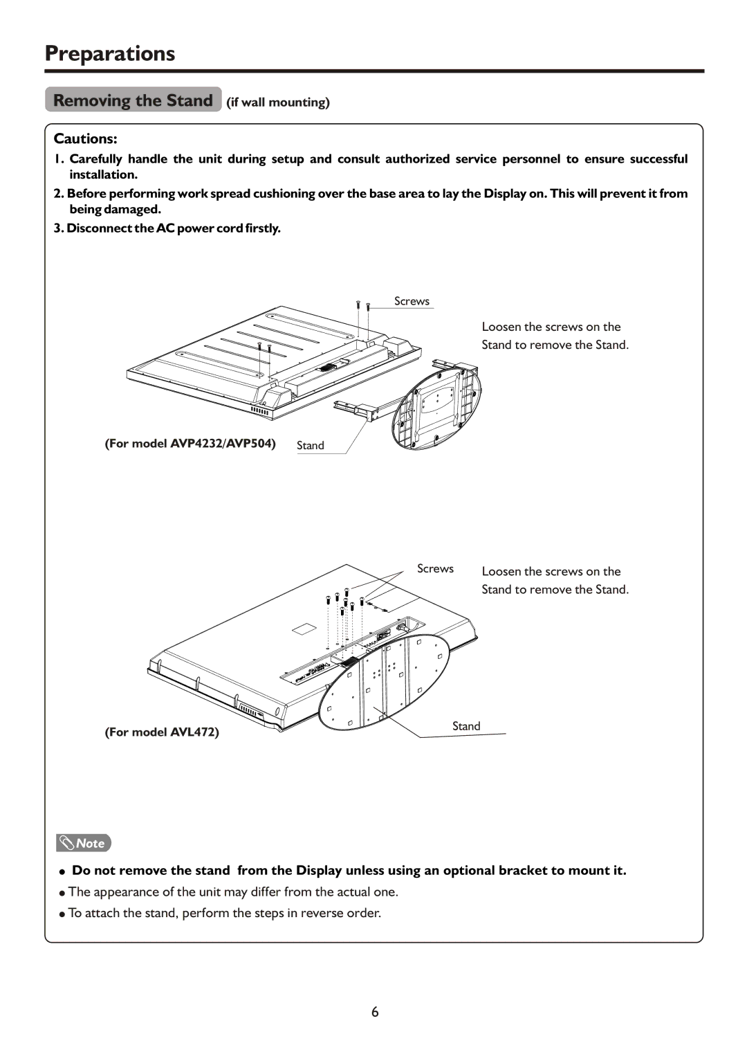 Sanyo AVL472, AVP4232 Preparations, Removing the Stand if wall mounting, Loosen the screws on Stand to remove the Stand 