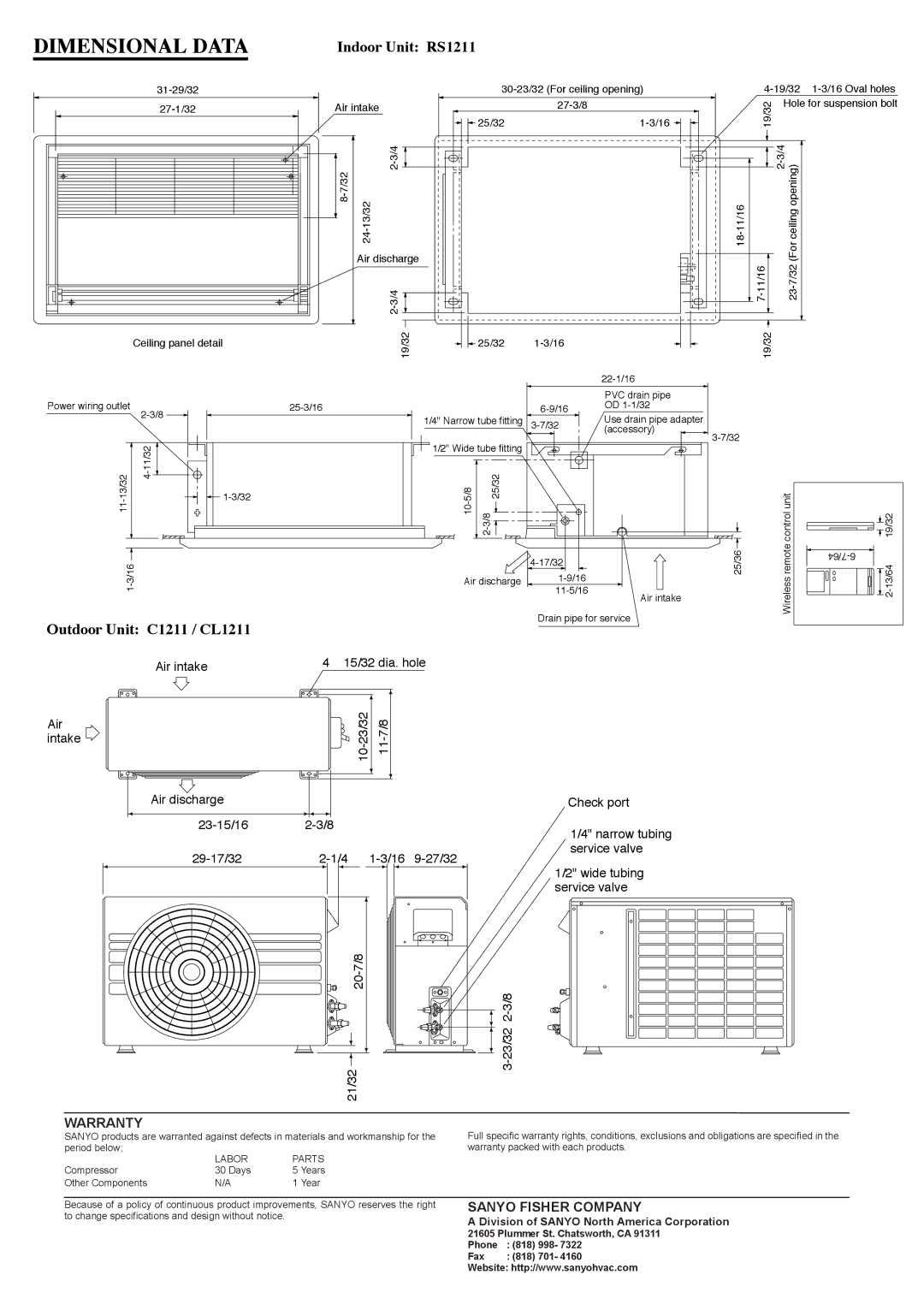 Sanyo warranty Dimensional Data, Indoor Unit RS1211, Outdoor Unit C1211 / CL1211, Warranty, Sanyo Fisher Company 