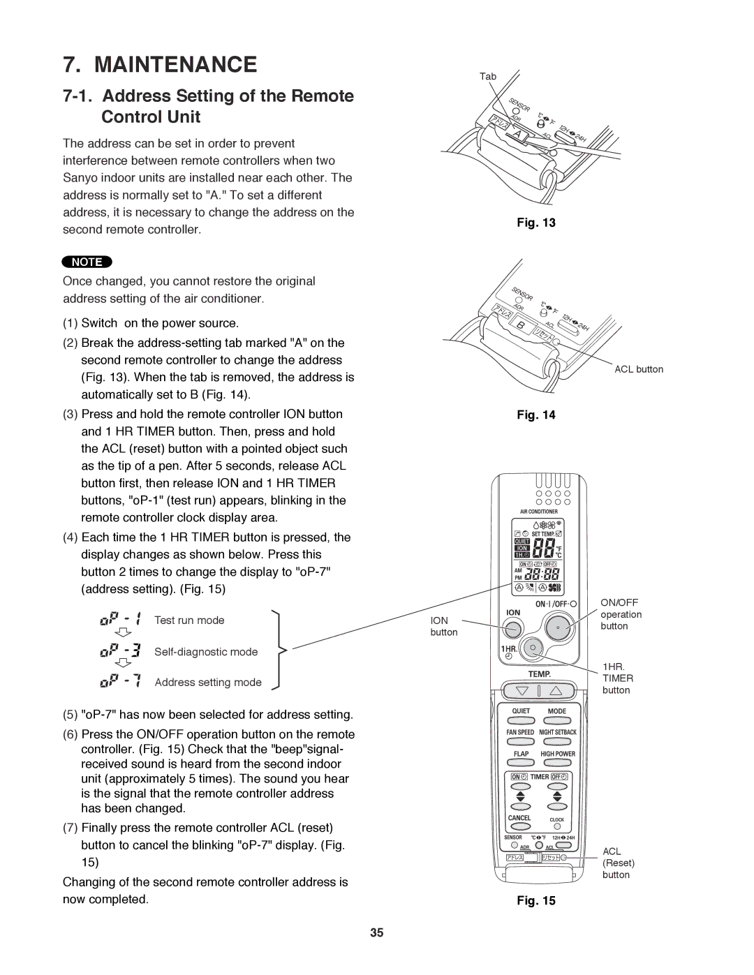 Sanyo C0971, C1271, CL0971, CL1271 service manual Maintenance, Address Setting of the Remote Control Unit 