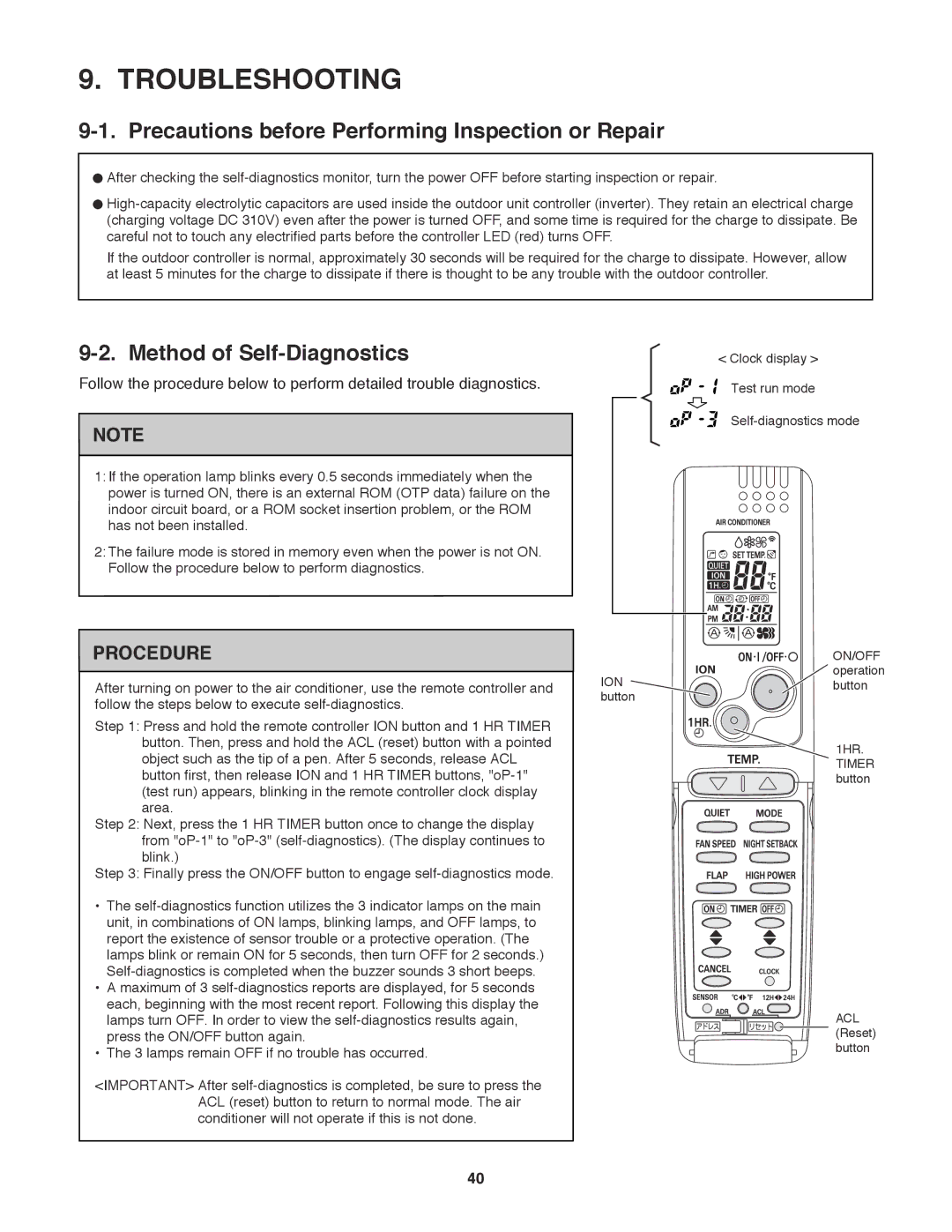 Sanyo C1271, CL0971, CL1271 Troubleshooting, Precautions before Performing Inspection or Repair, Method of Self-Diagnostics 