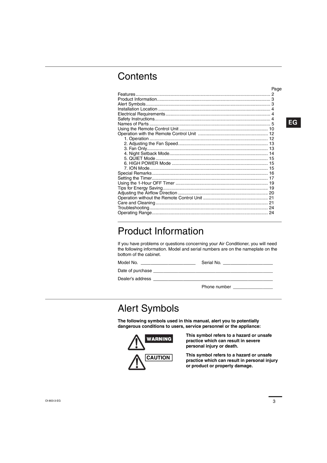 Sanyo C0971, C1271, CL0971, CL1271 service manual Contents, Product Information, Alert Symbols 