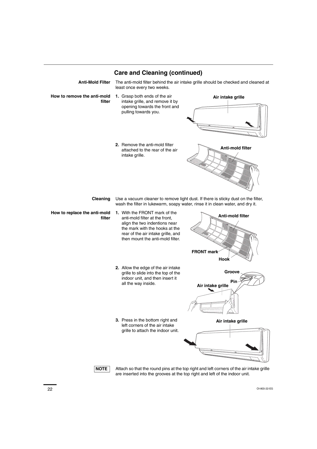 Sanyo CL1271, C1271, CL0971, C0971 service manual Care and Cleaning, Intake grille, Press in the bottom right 