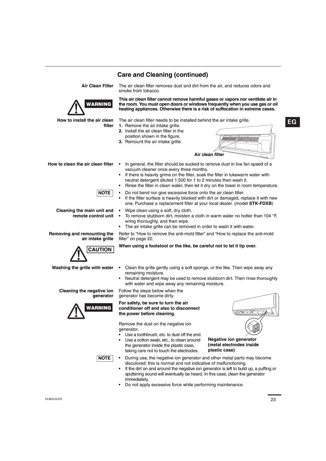 Sanyo C0971, C1271, CL0971, CL1271 Filter, How to clean the air clean filter, Washing the grille with water Air clean filter 