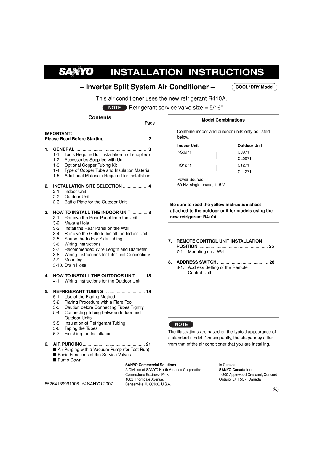 Sanyo CL1271, C1271, CL0971, C0971 service manual Installation Instructions, Contents 