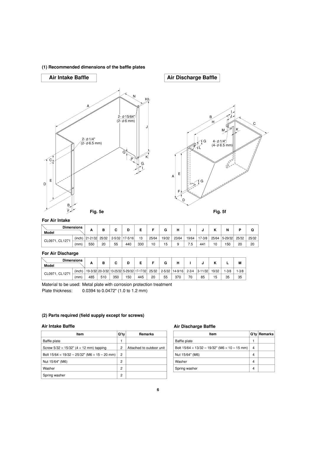 Sanyo C0971, C1271 Air Intake Baffle Air Discharge Baffle, Recommended dimensions of the baffle plates, For Air Intake 