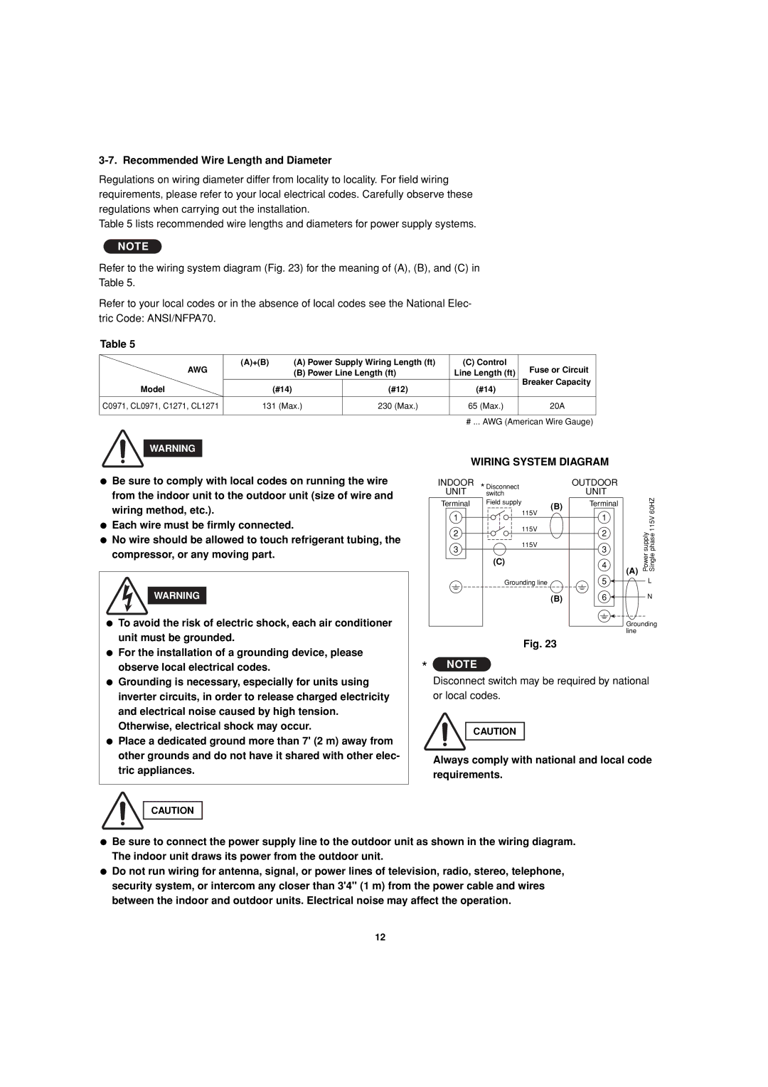 Sanyo CL0971, C1271 Recommended Wire Length and Diameter, Disconnect switch may be required by national or local codes 