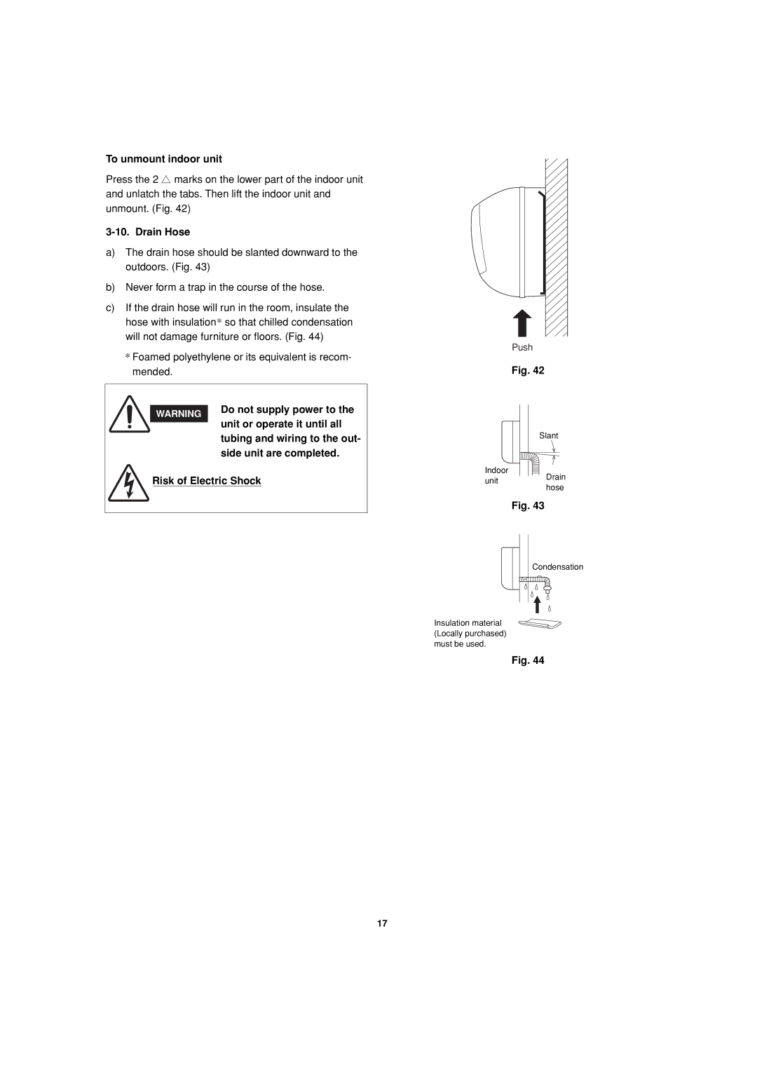 Sanyo CL1271 To unmount indoor unit, Do not supply power to, Unit or operate it until all, Tubing and wiring to the out 