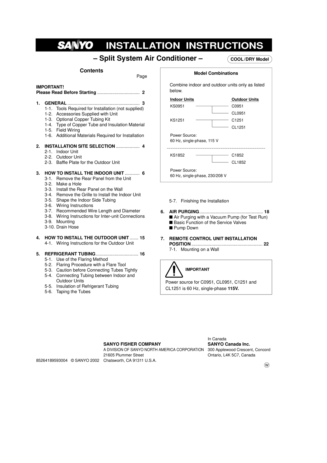 Sanyo CL1852 service manual Technical Data, Indoor Unit Outdoor Unit XS1852 C1852 