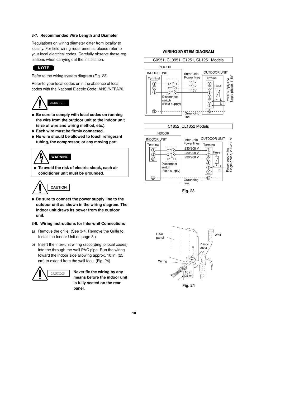 Sanyo CL1251, C1852, C1251, C0951 Recommended Wire Length and Diameter, Be sure to comply with local codes on running, Panel 