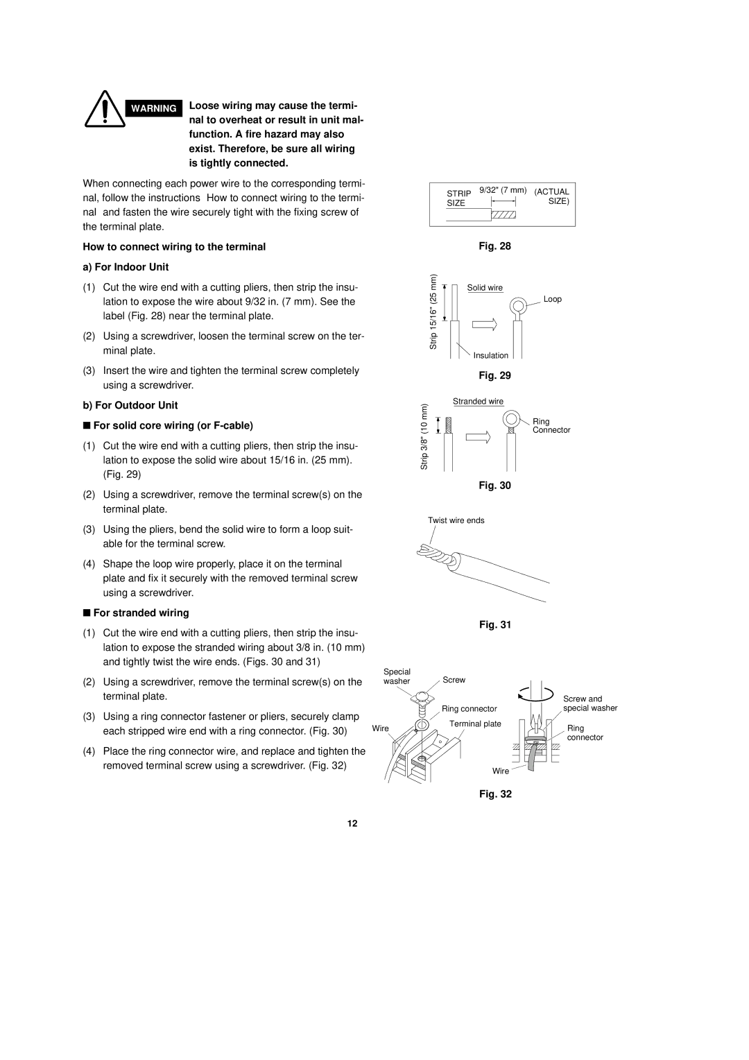 Sanyo C1852 How to connect wiring to the terminal For Indoor Unit, For Outdoor Unit For solid core wiring or F-cable 