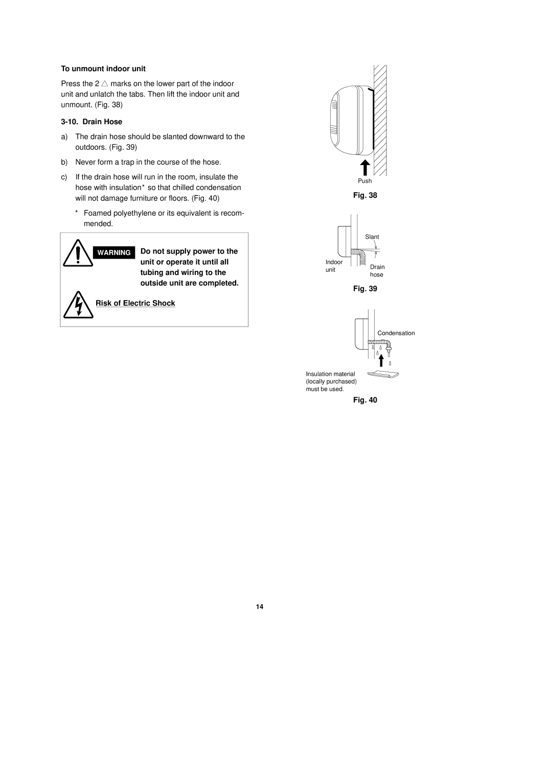 Sanyo CL0951, C1852, C1251, CL1852, CL1251, C0951 To unmount indoor unit, Drain Hose, Risk of Electric Shock 