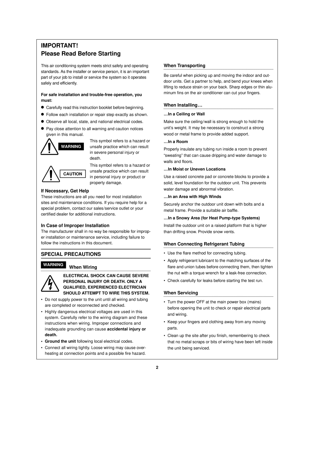 Sanyo CL0951 When Transporting, When Installing…, If Necessary, Get Help, Case of Improper Installation, When Wiring 