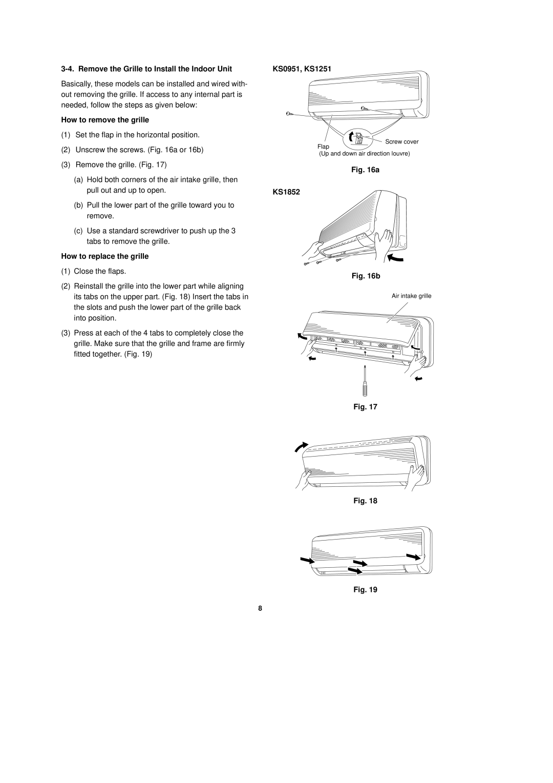 Sanyo CL0951, C1852 Remove the Grille to Install the Indoor Unit, How to remove the grille, How to replace the grille 