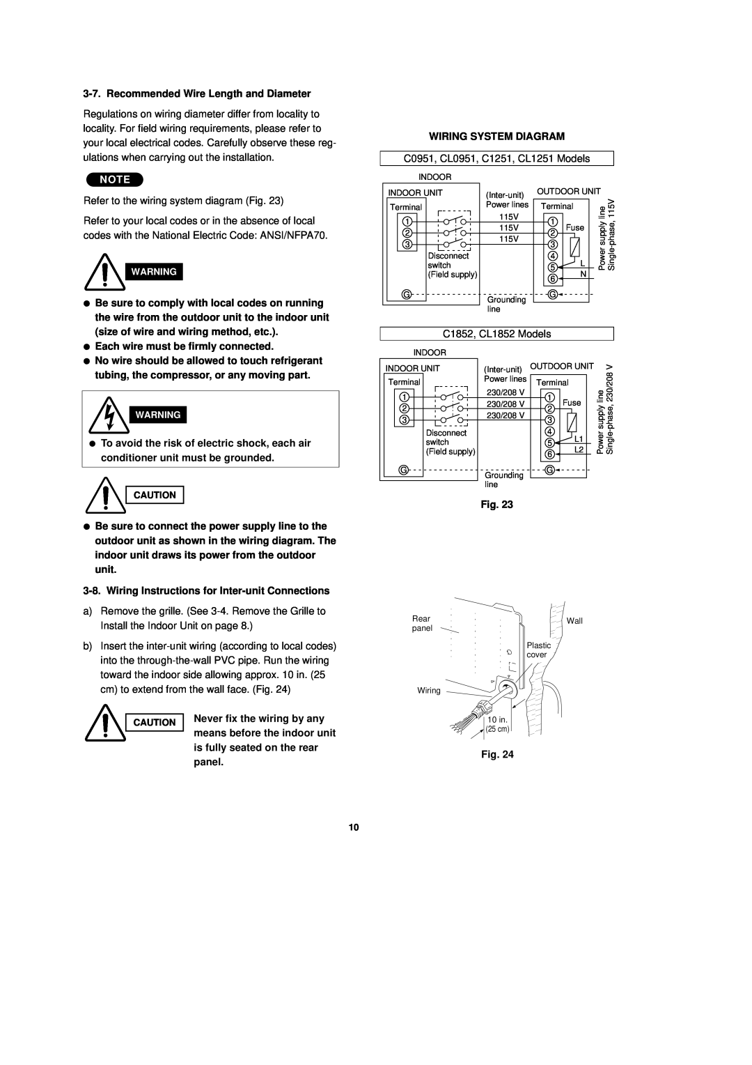 Sanyo CL1251 Recommended Wire Length and Diameter, Wiring System Diagram, Be sure to comply with local codes on running 