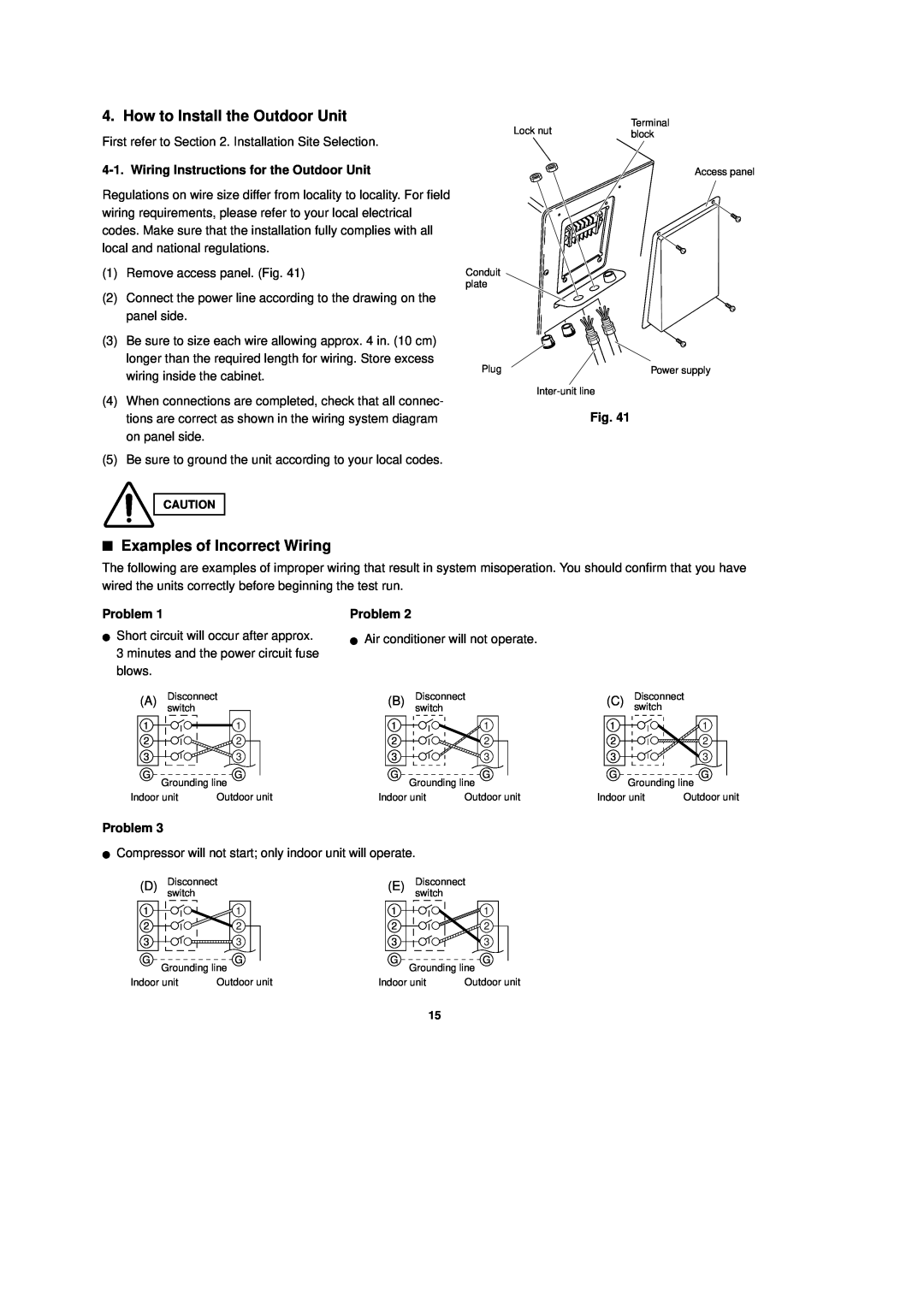 Sanyo CL1852 How to Install the Outdoor Unit, Examples of Incorrect Wiring, Wiring Instructions for the Outdoor Unit 