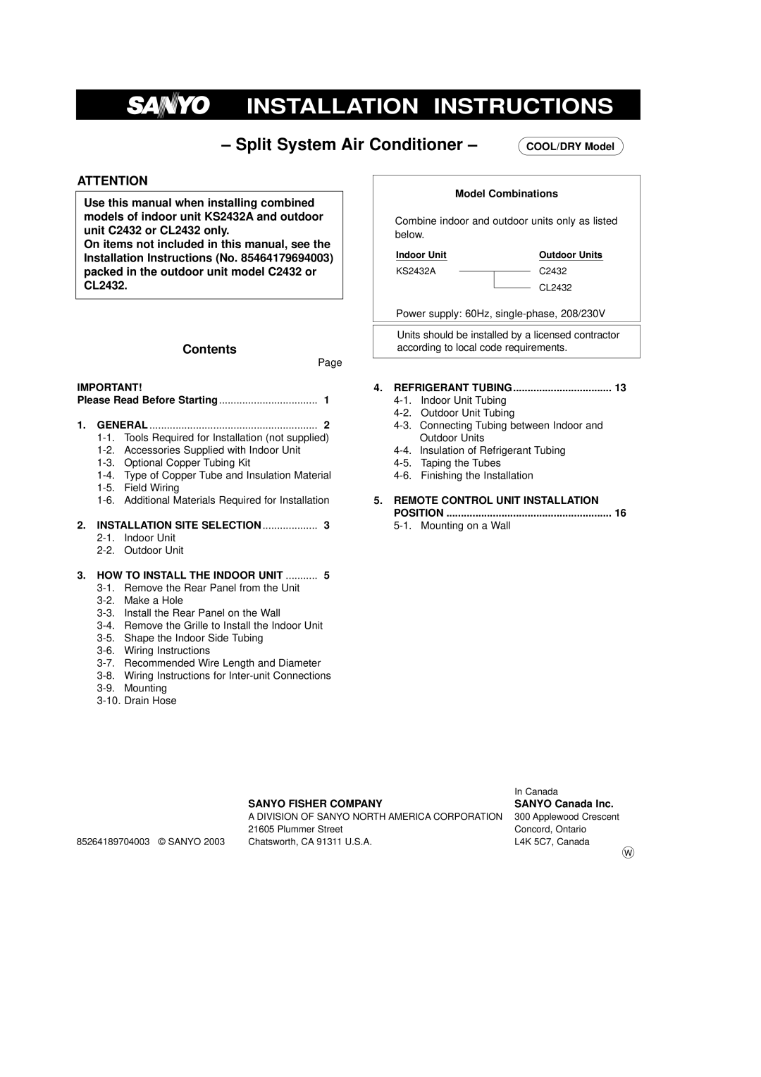 Sanyo CL2432, C2432 installation instructions Installation Instructions, Contents 