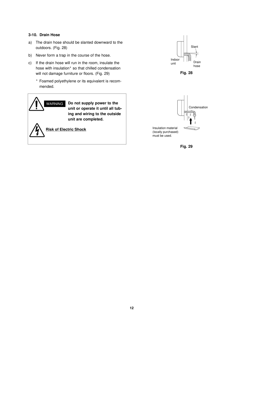 Sanyo CL2432, C2432 installation instructions Drain Hose, Risk of Electric Shock 