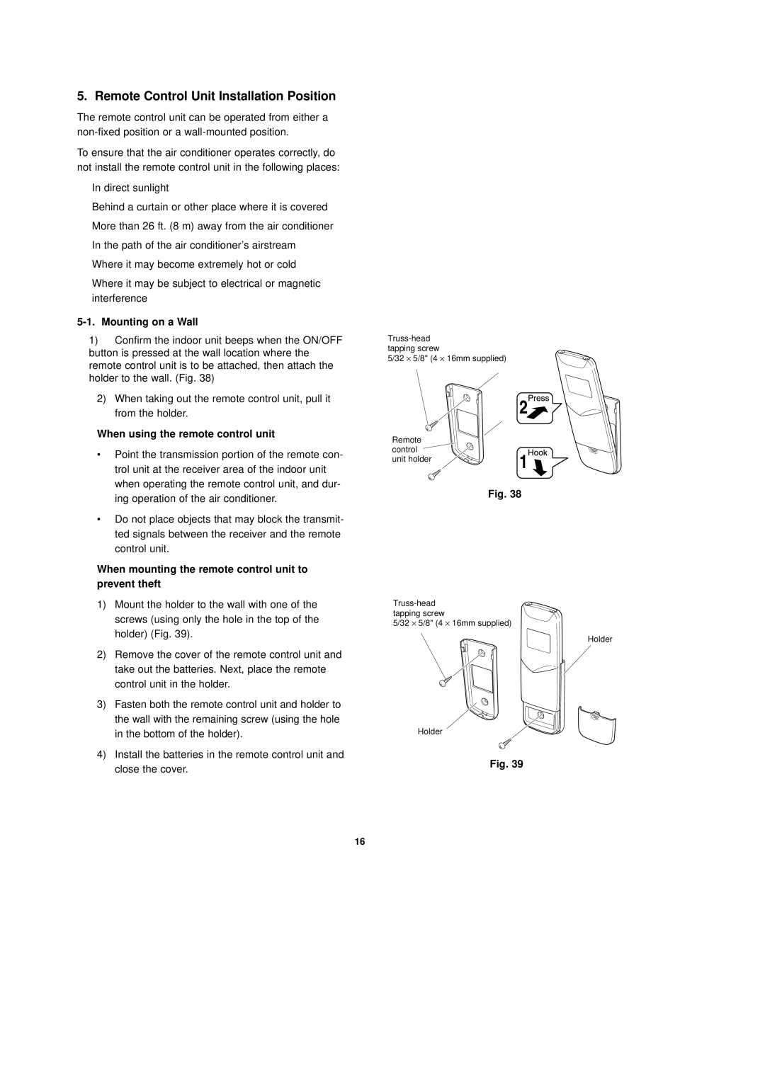 Sanyo CL2432, C2432 Remote Control Unit Installation Position, Mounting on a Wall, When using the remote control unit 