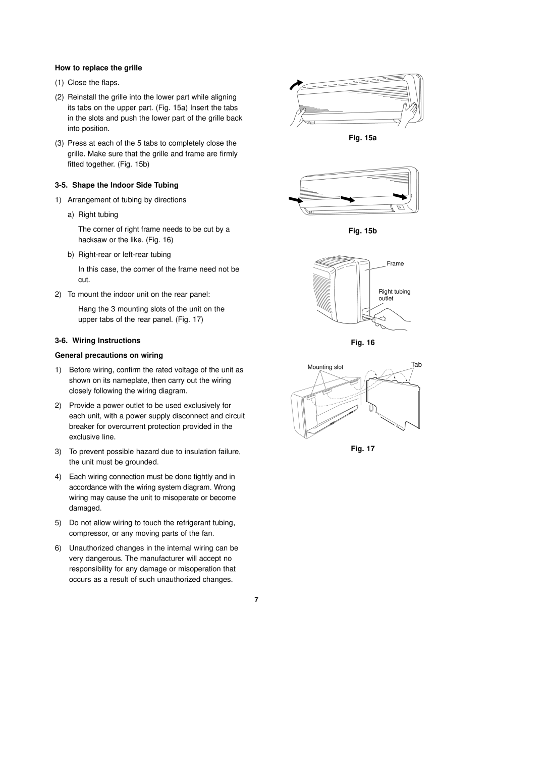 Sanyo C2432 How to replace the grille, Shape the Indoor Side Tubing, Wiring Instructions General precautions on wiring 