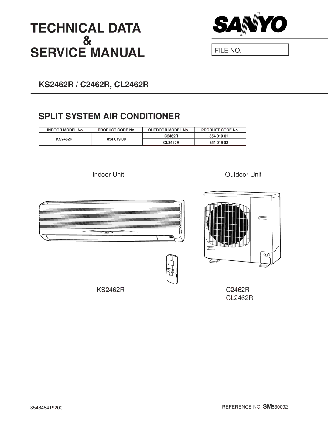 Sanyo service manual Technical Data, Indoor Unit Outdoor Unit KS2462R C2462R CL2462R 